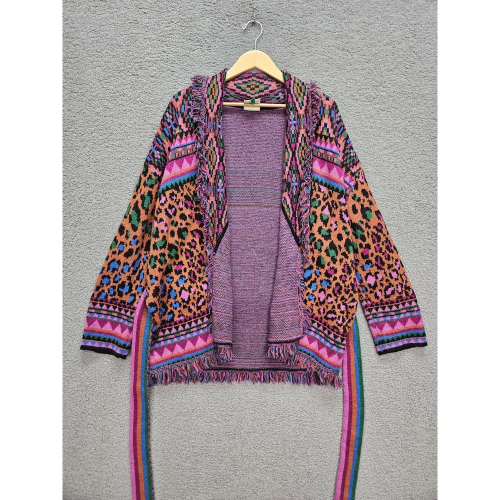 Farm Rio Cardigan Sweater M Multicolor Leopard Geometric Fringe Belted Boho